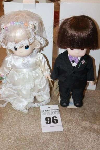 2 Precious Moments Porcelain Dolls - From the Doll Collection - Bride & Groom both on stands with original box image