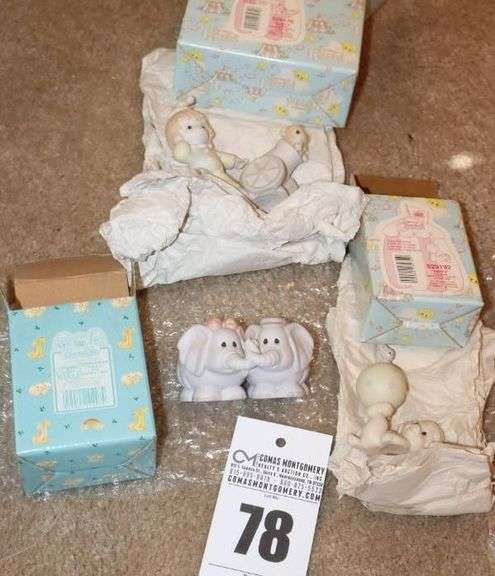 Precious Moments Porcelain Items: 2 -  Sammy's Circus Clowns "Dusty" clown with cannon, "Tippy" clown with ball & 1 additional -  "Two by Two Elephants - all in original Boxes image