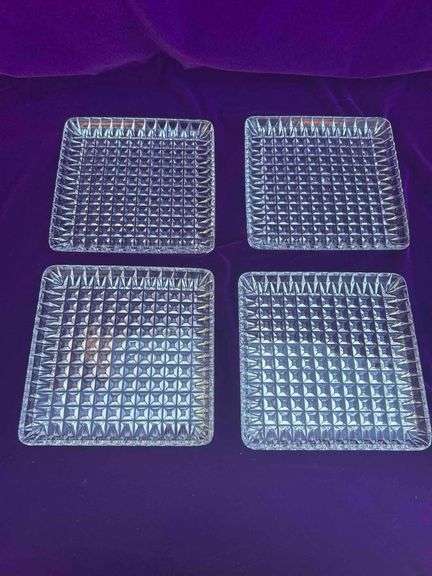 4 Square Crystal Luncheon Plates, Made in Germany image