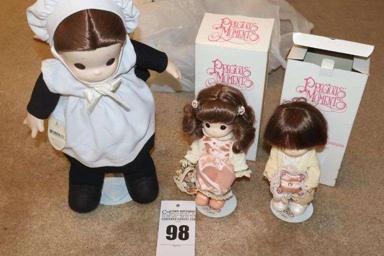 3 Precious Moments Porcelain Dolls - From the Doll Collection -Mini  Ring Bearer and Flower Girl & "Sarah" - on stands with original box image