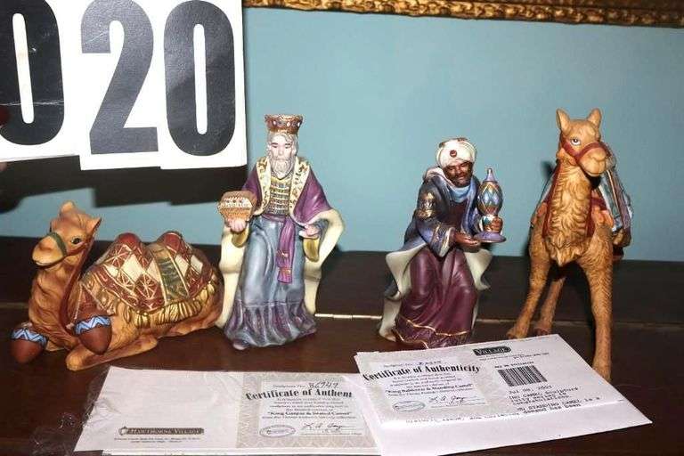 Bradford Exchange Thomas Kinkade Hawthorne Village Nativity "Star of Hope" Collection: 4 characters - King Gasper (B6949), Seated Camel (B6949), King Balthazar (E2344) & Standing Camel (E2344)     Each piece is hand-painted bisque porcelain and  most are numbered with certificate  ****Lots #18 - 31 have pieces of collection image