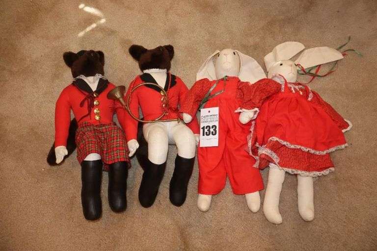 Vintage Mr. & Mrs. Fox Huntsman Plush Dolls & set of Boy & Girl Cloth Dolls image