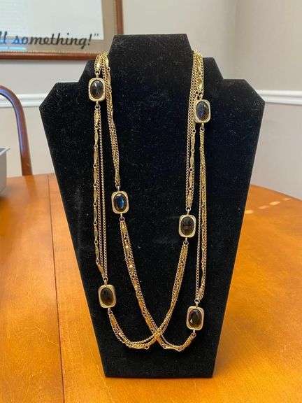 25in Vintage Sarah Coventry 3 Strand Gold Tone Necklace w/Bezel Set Amber Crystals