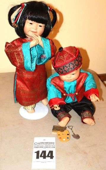 2 Ashton Drake Porcelain Collector Dolls - "Ming" girl on stand & "Mei Mei" - Created by Yolanda Bello  - signed 1994 image