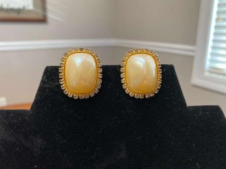 1in Vintage Rectangular Faux Pearl and Rhinestone, Art Deco Elegant Classic Clip-on Earrings