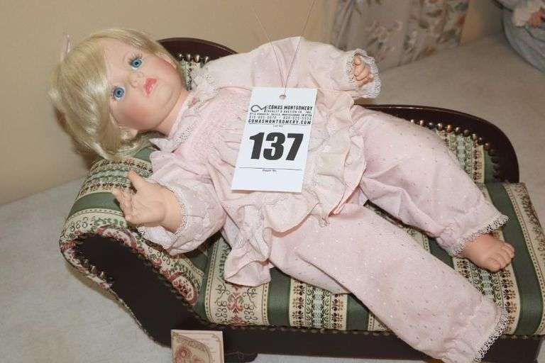 Collector Doll by Susan Wekeen Numbered 1183/5000 - "Love me Tender 1990 on small wood framed fainting sofa image