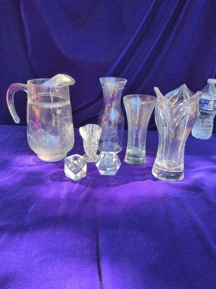 Misc Box  .5" Tulip Vase, Leaf Pitcher, 8.5" Carafe With Grapes,Butterfly Vase, 2 Taper Holders image