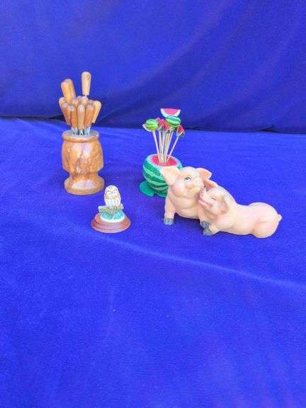 Misc Wood, Pickel Forks in Holder, Watermelon Toothpicks Holder, Small Owl from Scotland, Resin Pigs image