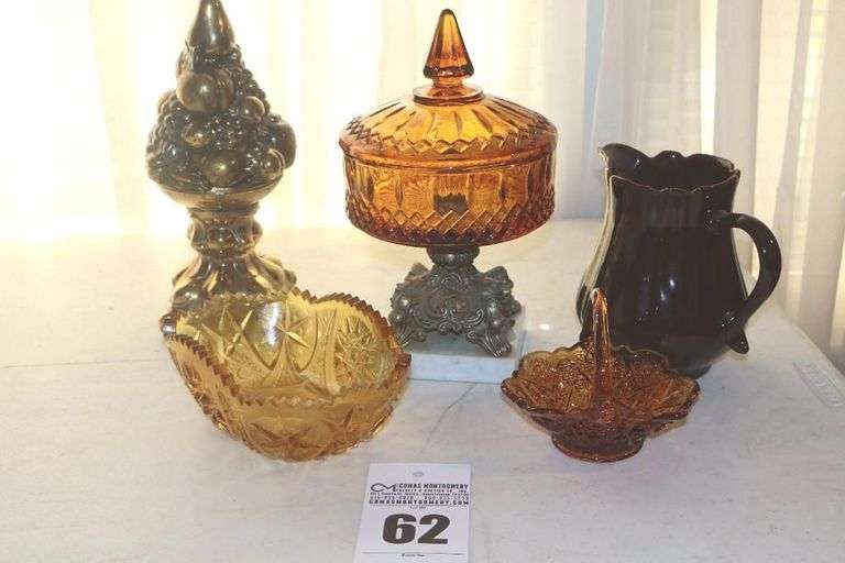 Variety of Amber/Golds/Brown items: some Vintage Ceramic fruit Display, Marble Based Candy Dish with Lid, 2 Serving Bowls/baskets & ceramic pitcher image