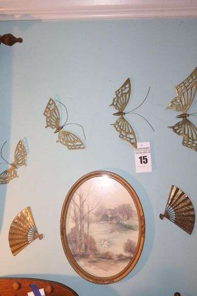 Wall Display Items: Oval Vintage Wall Print (17"x13"), 2 Brass fans, 4 Brass Butterflies image