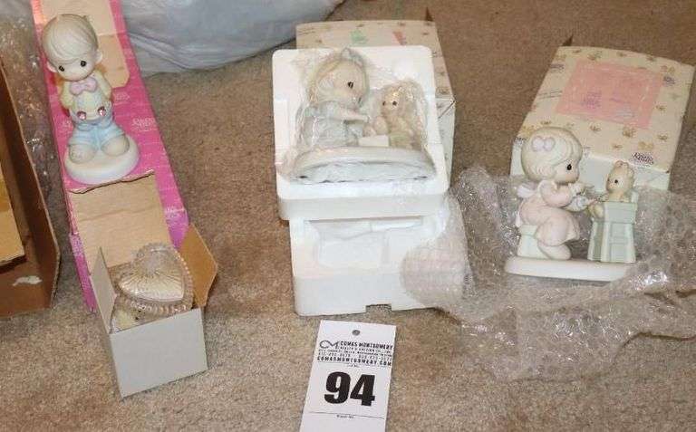 Precious Moments Porcelain Items: 3 & glass heart container - "I'm Completely Suspended with Love" 2000, "Member Only 1994 - Charing", "Member Only 1994 Sharing" - All in original Boxes image