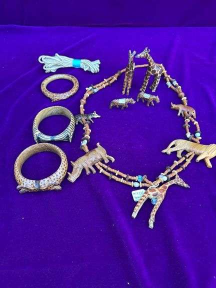 Vintage African Wooden Necklace with Carved Animals, 3 Wooden Carved Bracelets and 4 Wood Animals, Hemp image