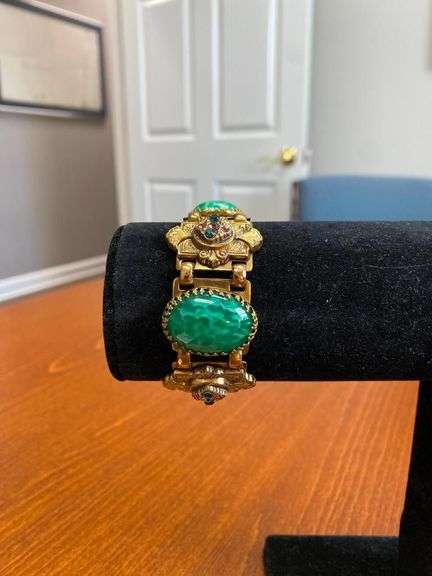 7in Vintage Art Deco Brass Czech Glass Bracelet image