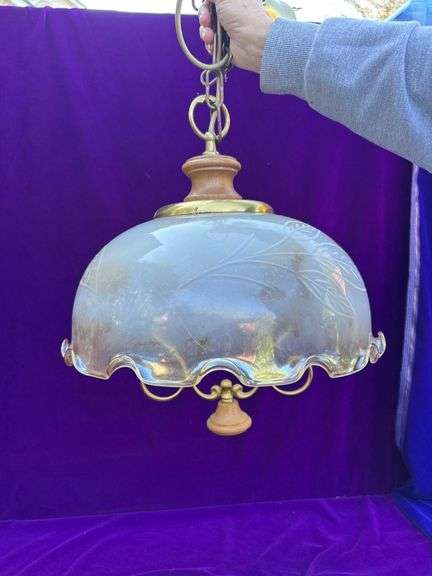 Vintage Hanging Lamp with Frosted Shade with Etched Leaves and Wood and Brass Accents 14” Across image