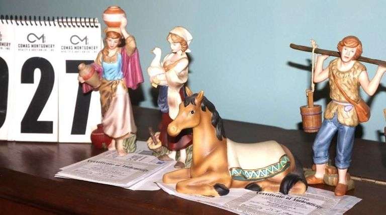 Bradford Exchange Thomas Kinkade Hawthorne Village Nativity "Star of Hope" Collection: 4 Characters -  Humble Peasant (A0706), Loyal Horse (A0706), Bountiful Water Bearer (E0991), & Humble Peasant Maiden (E0991)                                     Each piece is hand-painted bisque porcelain and  most are numbered with certificate  ****Lots #18 - 31 have pieces of collection image