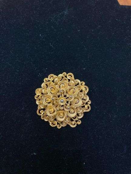 2in Vintage Signed Cordcraft Gold Tone Filigree Brooch Pin image