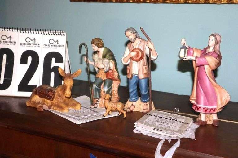 Bradford Exchange Thomas Kinkade Hawthorne Village Nativity "Star of Hope" Collection: 4 - Characters - Keeper of the Inn (A0342), Lighting the Night (A0342), Ever Faithful Shephard (E5751), & Faithful Donkey (E5751)                                     Each piece is hand-painted bisque porcelain and  most are numbered with certificate  ****Lots #18 - 31 have pieces of collection image