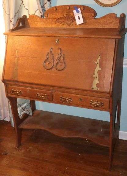 Antique Secretary Desk with drop front, 2 drawers and bottom shelf (inside compartments need to be repaired - all pieces are included)  52"x38"x18.5"closed    33.5" closed image