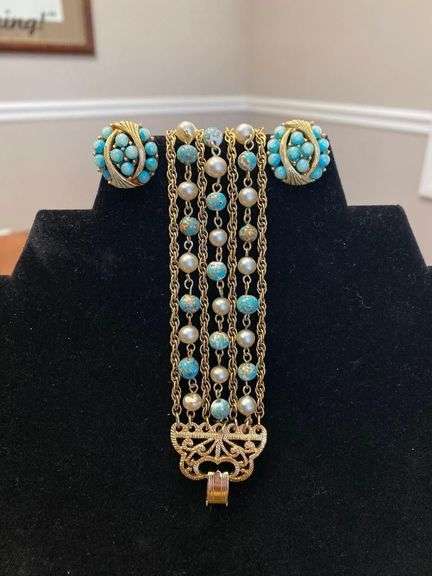 0.75in Signed Kramer Clip-on Earrings and 7.5in Multi-strand Bracelet from Spain
