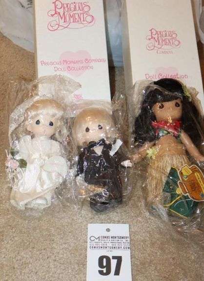 3 Precious Moments Porcelain Dolls - From the Doll Collection - Mini Bride & Groom and "Children of The World - with original box image