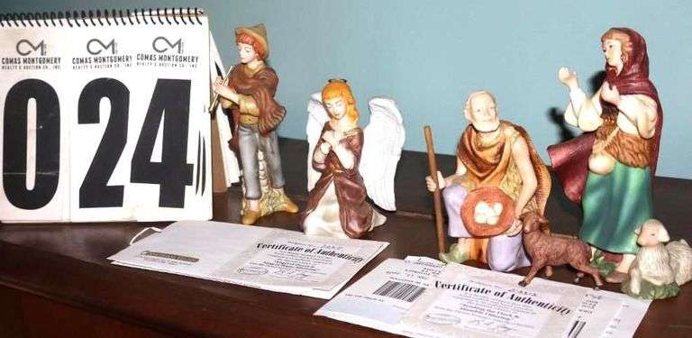 Bradford Exchange Thomas Kinkade Hawthorne Village Nativity "Star of Hope" Collection: 4 Characters - Tending the Flock (E3512), Humle Offering (E3512), Angel of Prayer (E6616), & Song of Praise Musician (#E6616)   Each piece is hand-painted bisque porcelain and  most are numbered with certificate  ****Lots #18 - 31 have pieces of collection image