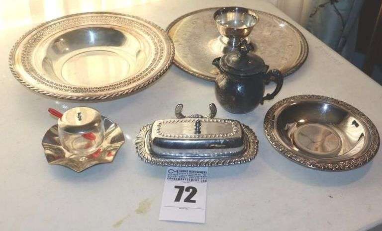 Variety of Silver Plate Items: Serving Bowl, Plate with cup, creamer, Glass cup with lid and tray, Butter Dish with lid and glass dish etc. image