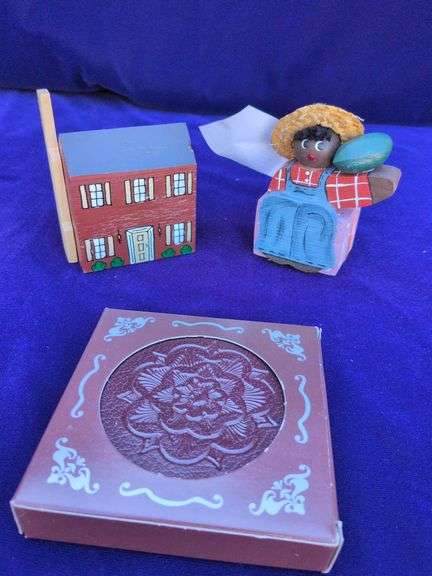 Misc Wooden Shelf Sitters, Wooden Block, Set of Leather Coasters image