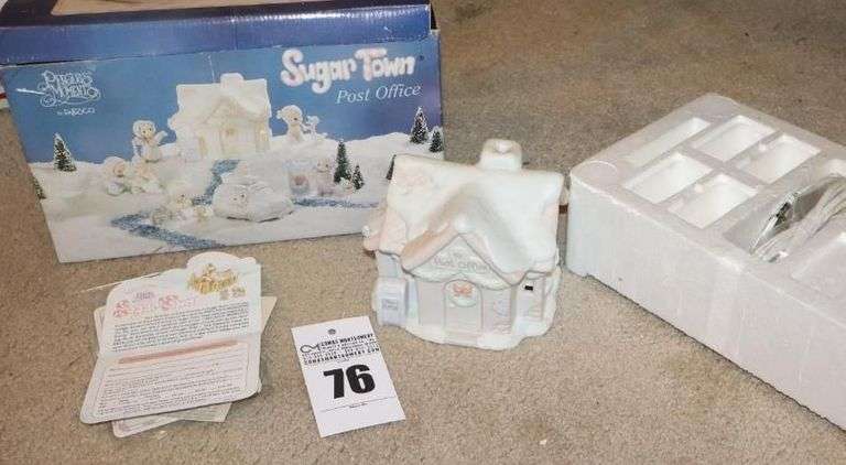 Precious Moments Porcelain Items: Sugar Town Lighted Post Office with figurines - Sam Butcher 1998 - 8 piece set still in original box image