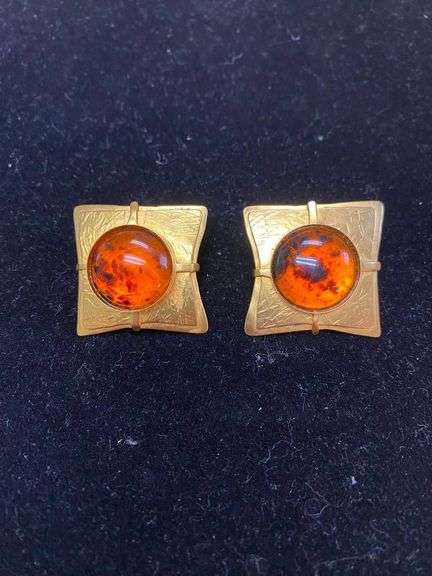 1in Gorgeous Amber and Gold Pierced Earrings image