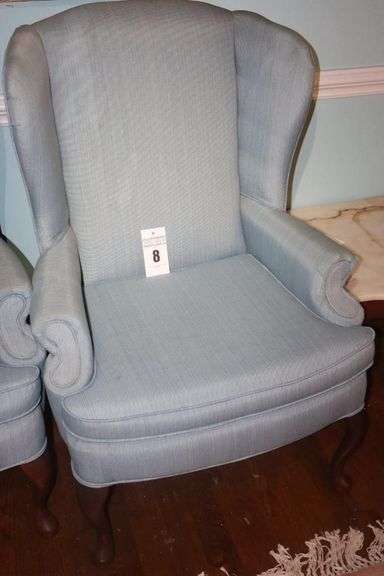 Blue upholstered Wing Back Arm Chair      42"x30"x19"                                           **Matches Lot # 7 image