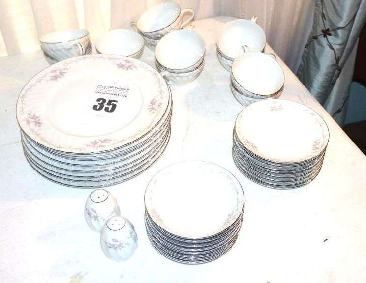 Gold Standard Porcelain "Pink Floral" China made in Japan: 8 Dinner Plates, 8 Bowls, 8 Saucers, 11 Cups, & salt & pepper set image