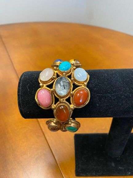 7in (2in wide) Signed "Paris" Heavy Copper Cuff Bracelet w/Natural Stones