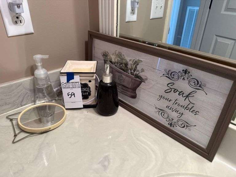 Assorted Bathroom Accessories: Soap Dispensers, Warmer, and Framed Print