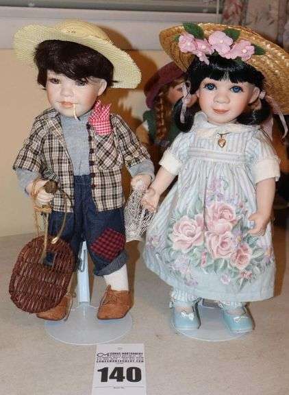 2 - 16" Linda Steele Porcelain Dolls on Stands - signed and numbered - "Tommy" #116 & Girl #216 - 1996 image