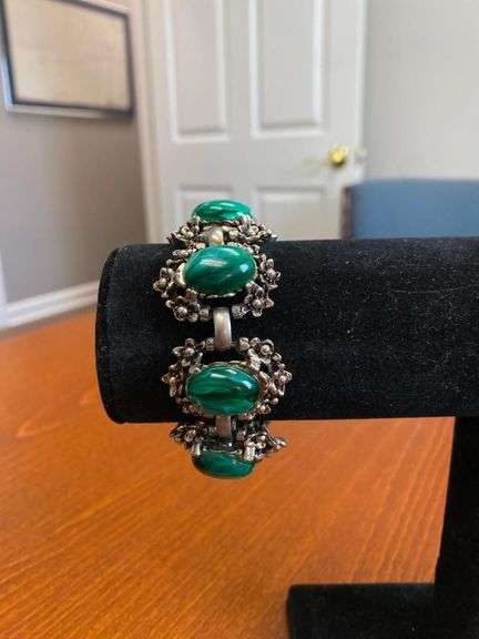 7in Vintage/Antique Green Malachite and Silver Bracelet image