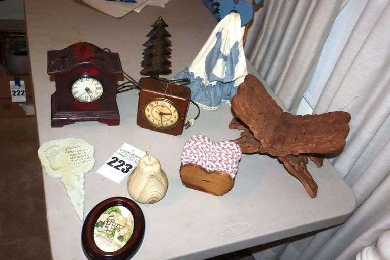 Variety of Decorative Items; Several wood items - 2 Vintage Clocks Tree, Folding Bible Stand, Coaster, Wall Items etc. image