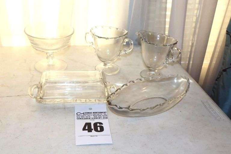 Fostoria "Century" Clear - oyster/Fruit Cocktail dish, Creamer, Sugar Bowl, Oval Relish dish, Butter Dish with Lid, additional items   Matching Lots #43,44, 45 & 47 image