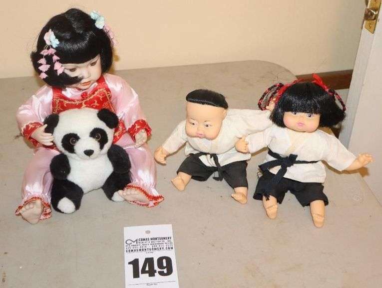 Danbury Mint Porcelain Collector Doll - "Mei Mei " By Bruce Huish "Angel of the Orient with bear" & 2 cloth bodied Asian dolls image