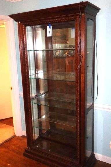Wood Lighted Glass front Curio Display Cabinet with 4 side open doors, top and bottom, glass shelves & mirrored back   80"x37"x14"                      **Buyer bring help to remove image