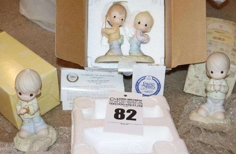 Precious Moments Porcelain Items: 3 - 25th Anniversary "I will Make you Fishers of Men" - Limited Edition #522139 2003, Waiting Patiently On the Lord" 2000, "Mommy I Love You" 1987 - all In Original Boxes image