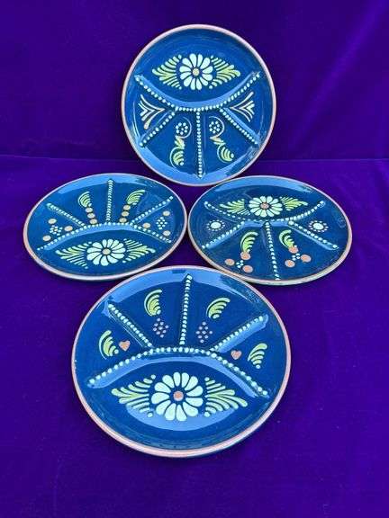 4 Hand Painted Divided Pottery Plates, Made in France image
