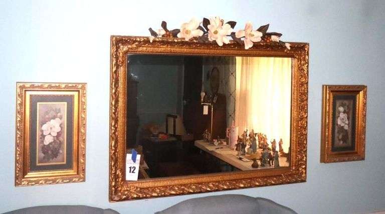 Gold Tone Wall Mirror (30"x42") and 2 Gold Framed Wall Are Prints (17"x11") - magnolia Flowers image