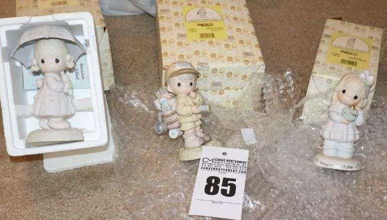 Precious Moments Porcelain Items: 3 - "April" 1987, "God Loves a Happy Camper" 1999, & "The Most Precious Gift of All" 1996 - All in original Boxes image