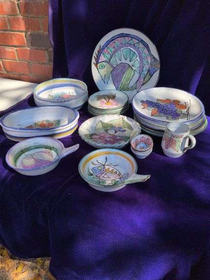 Redware Pottery 5 Plates, 1 Cup, 2 Bowls w/Handles 5 Small Plates, Made in Portugal image