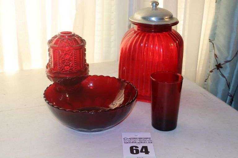 Variety of Red Glass items: Some vintage Cookie Jar, Bowl, Candle Stands etc. image