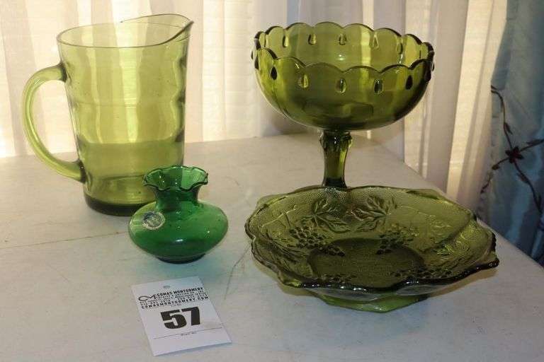 Variety of Vintage Green Glass Items: Pitcher Grape & leaves Design low dish, Pedestal Indian Glass Teardrop Friit Bowl & Emerald Ruffled Edge Vase image