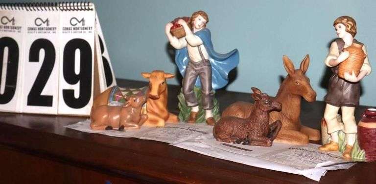 Bradford Exchange Thomas Kinkade Hawthorne Village Nativity "Star of Hope" Collection: 4 Characters -    Caring For Her Young (A0283), Dutiful Peasant (A0283), Watching Over Her Young (A0503), & Devoted Peasant (A0503)                                      Each piece is hand-painted bisque porcelain and  most are numbered with certificate  ****Lots #18 - 31 have pieces of collection image