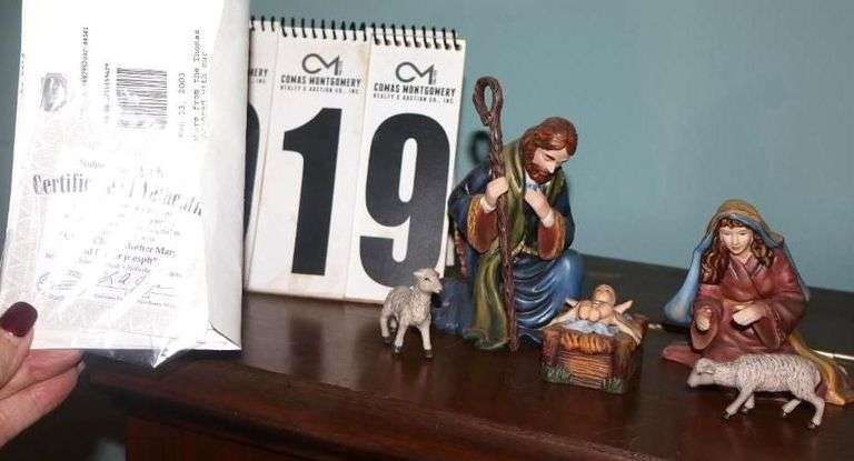 Bradford Exchange Thomas Kinkade Hawthorne Village Nativity "Star of Hope" Collection: 3 characters "Holy Family"  Father Joseph (C89990), Mother Mary (C8990) & Christ Child (C8990)                           Each piece is hand-painted bisque porcelain and  most are numbered with certificate  ****Lots #18 - 31 have pieces of collection image