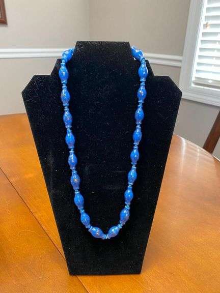 12in Vintage Italian Blue Glass Beads "Decorated Glass" Necklace