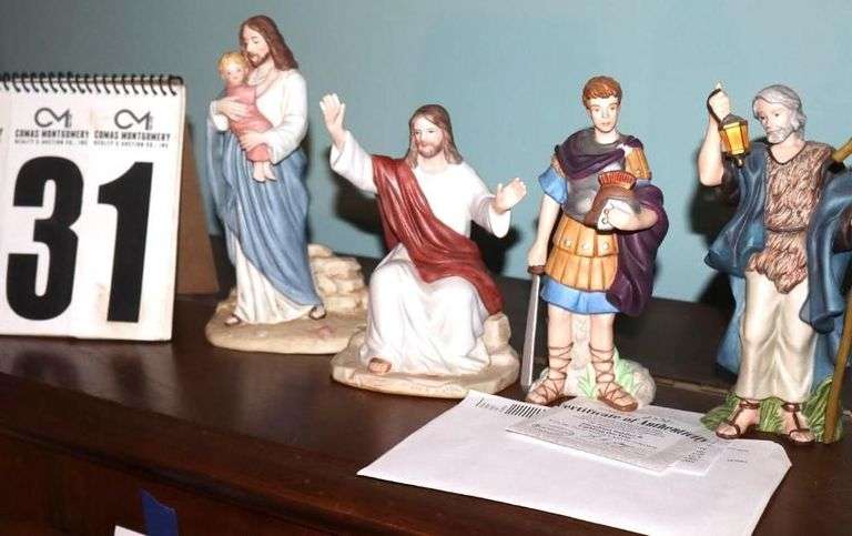 Bradford Exchange Thomas Kinkade Hawthorne Village Nativity "Star of Hope" Collection: 4 Characters - Humble Soldier (A2761), Lighting the Way (A2761) & 2 Home Interior & Gifts "Sermon on the Mount-Greatest Story Ever Told (1420 1996) & His Loving Arms (14541 1998)                                          Each piece is hand-painted bisque porcelain               ****Lots #18 - 31 have pieces of collection image